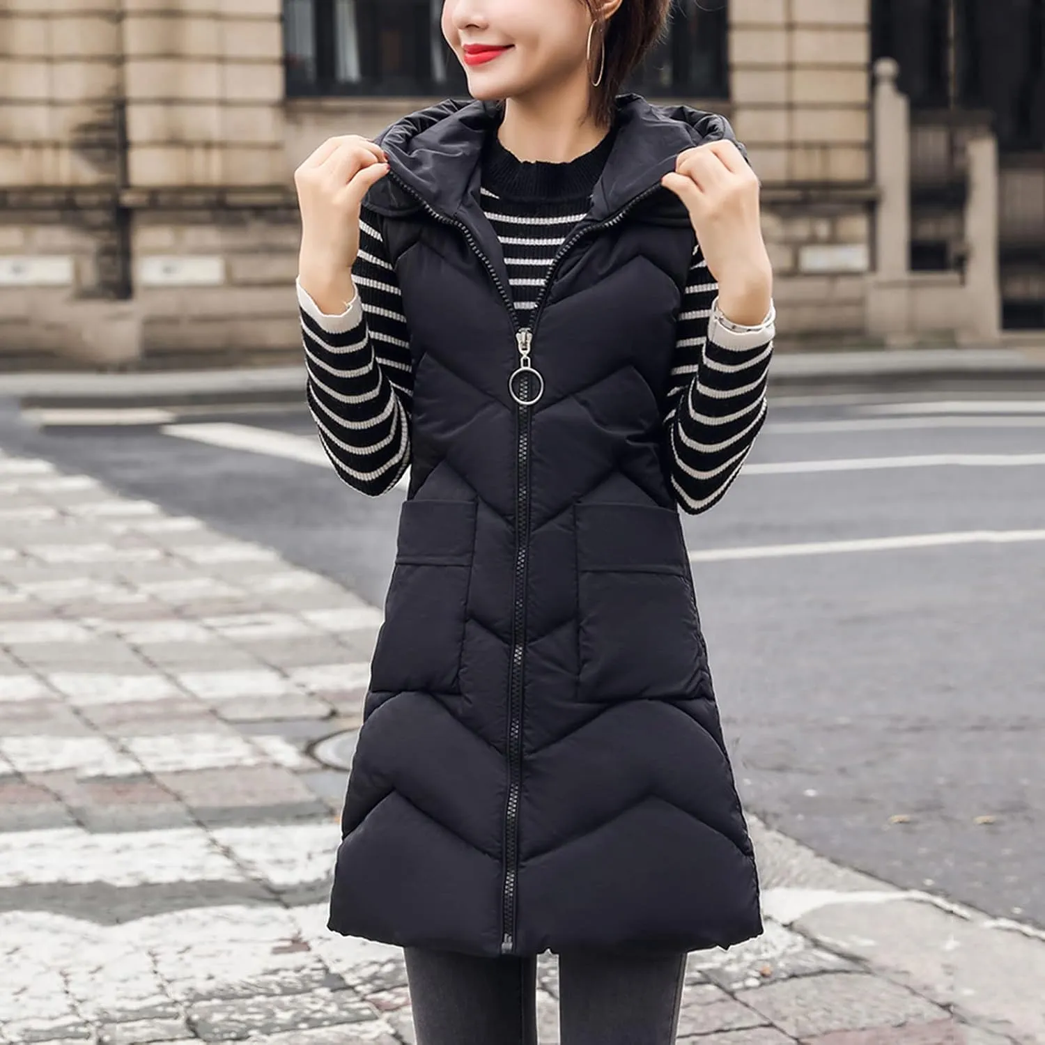 Long Vest for Women Sleeveless Puffer Zip Up Jackets Quilted Fall Puffy Vests Outerwear Hooded Winter Warm Down Coat