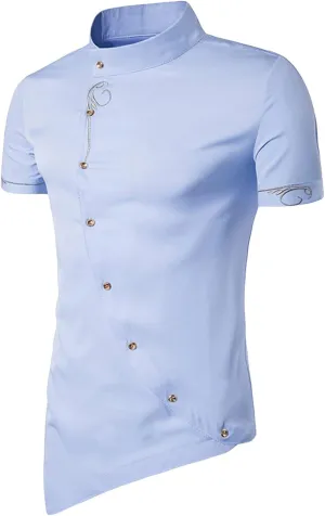 Maiyifu-GJ Mens Irregular Banded Collar Shirts Short Sleeve Muscle Embroidery Shirt Casual Button Down Slim Fit Dress Shirt