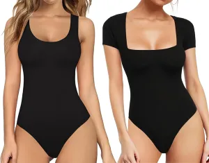 MANGOPOP Womens Scoop Neck Sleeveless Tank Top Bodysuits Sexy Backless Ribbed Body Suits Jumpsuit   Square Neck Bodysuit Short Sleeve Shirt Tops Black L