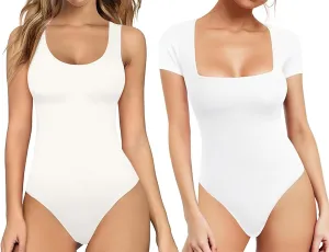 MANGOPOP Womens Scoop Neck Sleeveless Tank Top Bodysuits Sexy Backless Ribbed Body Suits Jumpsuit   Square Neck Bodysuit Short Sleeve Shirt Tops White L
