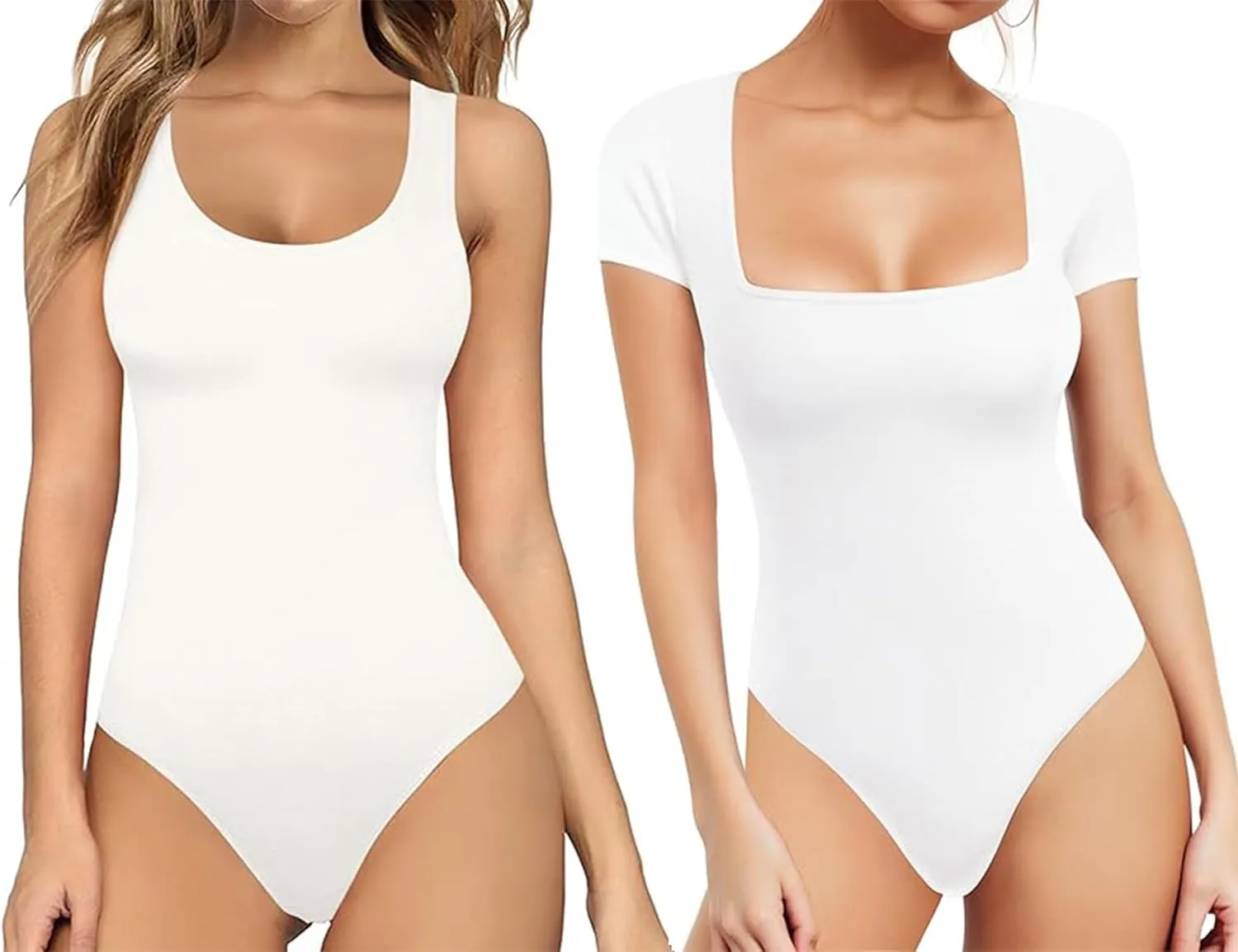 MANGOPOP Womens Scoop Neck Sleeveless Tank Top Bodysuits Sexy Backless Ribbed Body Suits Jumpsuit   Square Neck Bodysuit Short Sleeve Shirt Tops White L