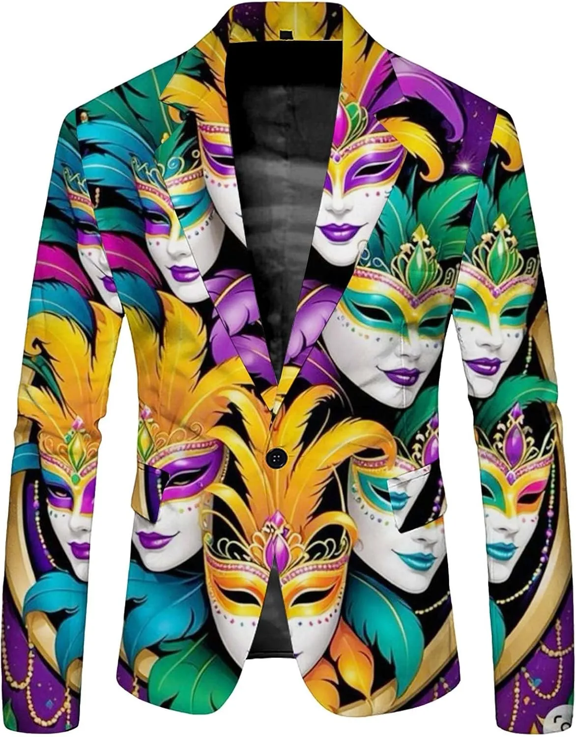 Mardi Gras Blazer for Men Stylish 3D Print Shawl Lapel Slim Fit Jacket Long Sleeve Coat Outwear for Party Dinner Festival