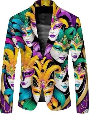 Mardi Gras Blazer for Men Stylish 3D Print Shawl Lapel Slim Fit Jacket Long Sleeve Coat Outwear for Party Dinner Festival