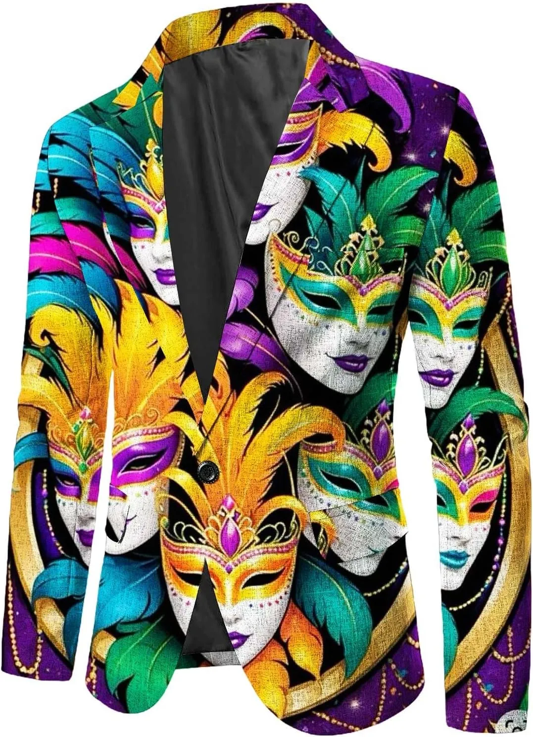 Mardi Gras Blazer for Men Stylish 3D Print Shawl Lapel Slim Fit Jacket Long Sleeve Coat Outwear for Party Dinner Festival