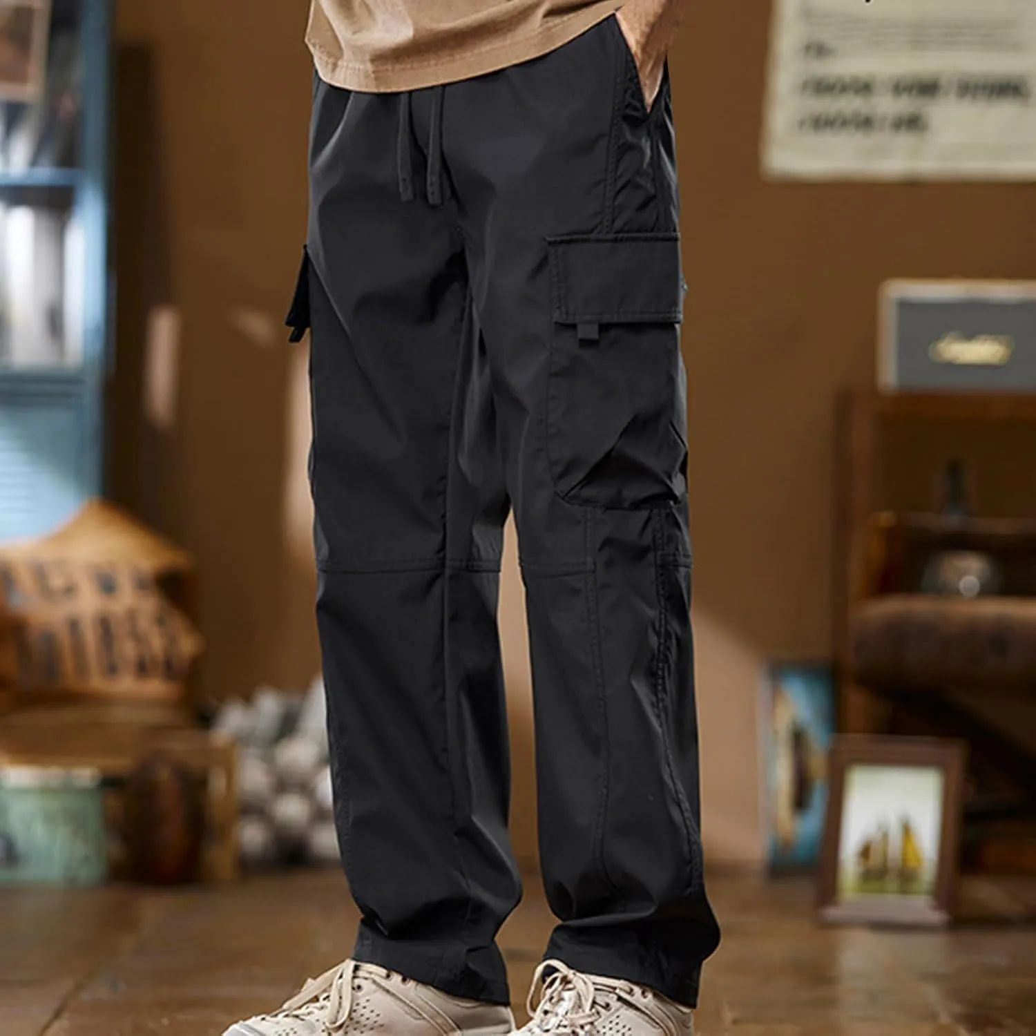 Mens Cargo Pants Multi-Pockets Classic-Fit Hiking Pants Elastic Waist Drawstring Work Pants Solid Color Outdoors Pants