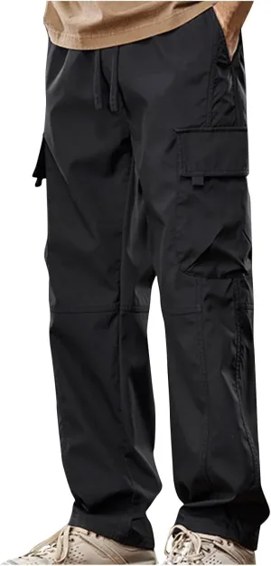 Mens Cargo Pants Multi-Pockets Classic-Fit Hiking Pants Elastic Waist Drawstring Work Pants Solid Color Outdoors Pants