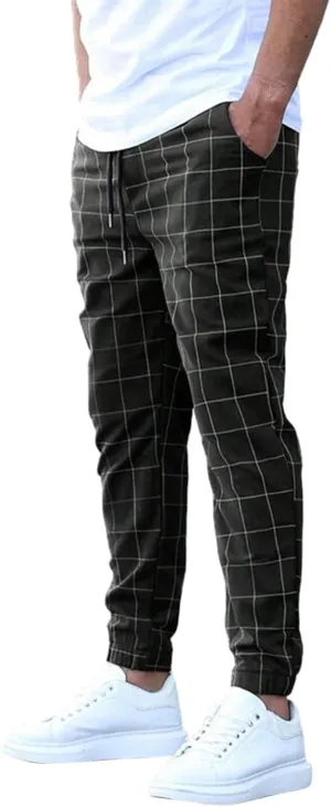 Men's Casual Drawstring Checkered Pants Stretch Slim Fit Skinny Pants Plaid Dress Pants for Men Business Suit Pants
