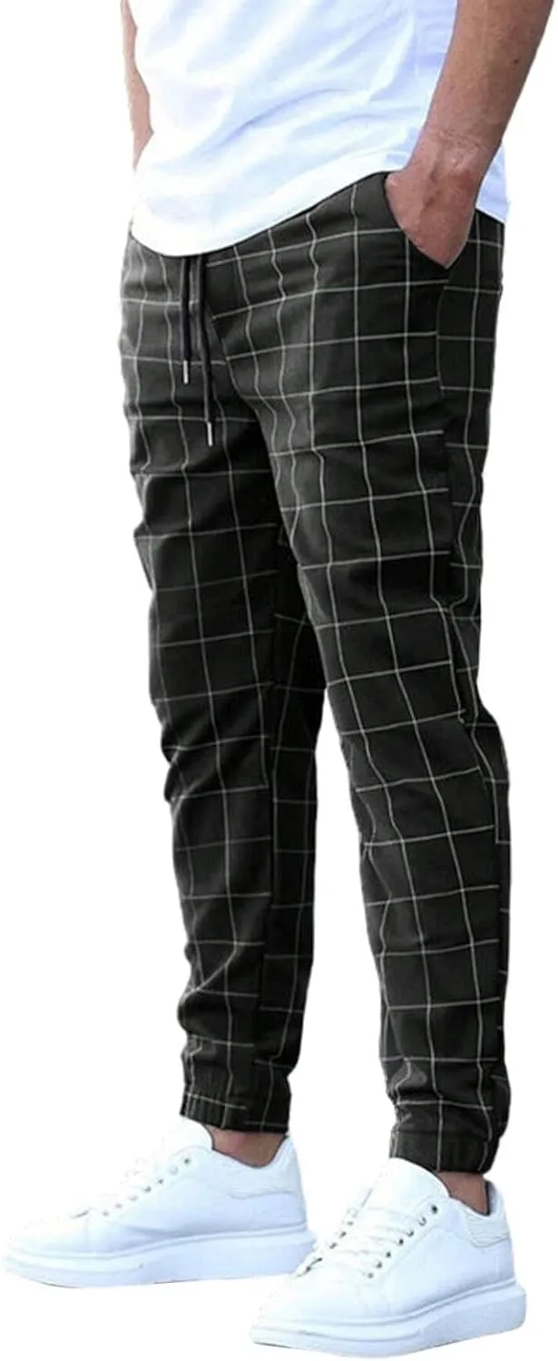 Men's Casual Drawstring Checkered Pants Stretch Slim Fit Skinny Pants Plaid Dress Pants for Men Business Suit Pants