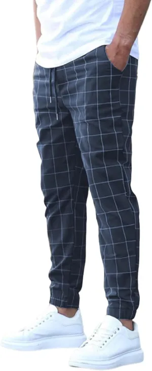 Men's Casual Drawstring Checkered Pants Stretch Slim Fit Skinny Pants Plaid Dress Pants for Men Business Suit Pants