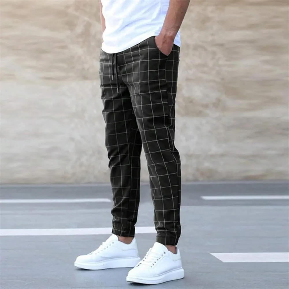 Men's Casual Drawstring Checkered Pants Stretch Slim Fit Skinny Pants Plaid Dress Pants for Men Business Suit Pants