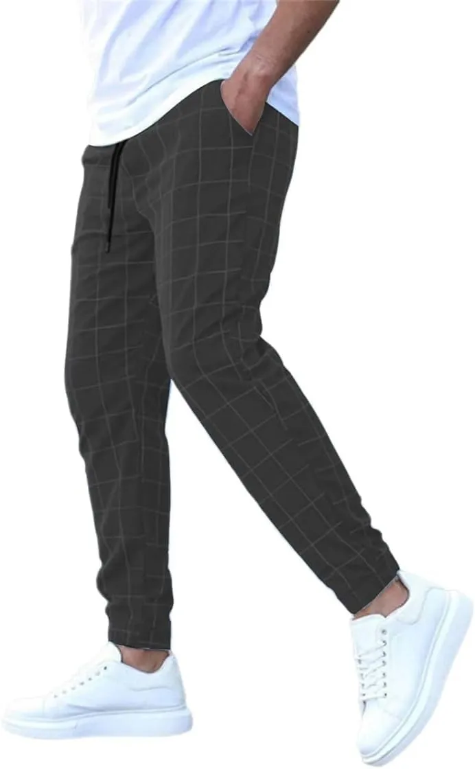 Men's Casual Drawstring Checkered Pants Stretch Slim Fit Skinny Pants Plaid Dress Pants for Men Business Suit Pants