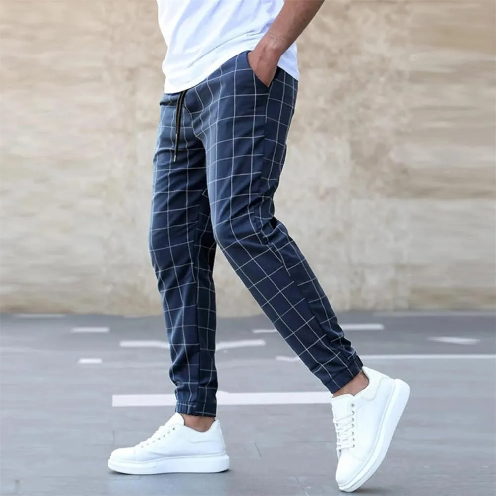 Men's Casual Drawstring Checkered Pants Stretch Slim Fit Skinny Pants Plaid Dress Pants for Men Business Suit Pants