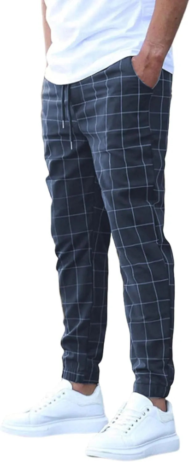 Men's Casual Drawstring Checkered Pants Stretch Slim Fit Skinny Pants Plaid Dress Pants for Men Business Suit Pants