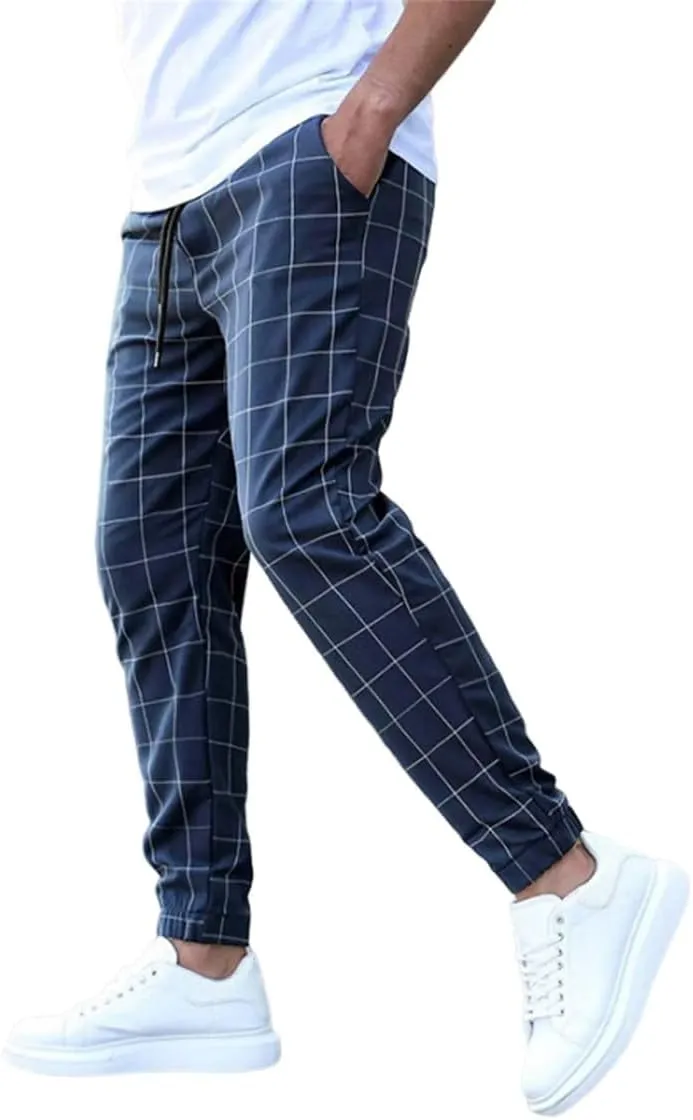 Men's Casual Drawstring Checkered Pants Stretch Slim Fit Skinny Pants Plaid Dress Pants for Men Business Suit Pants