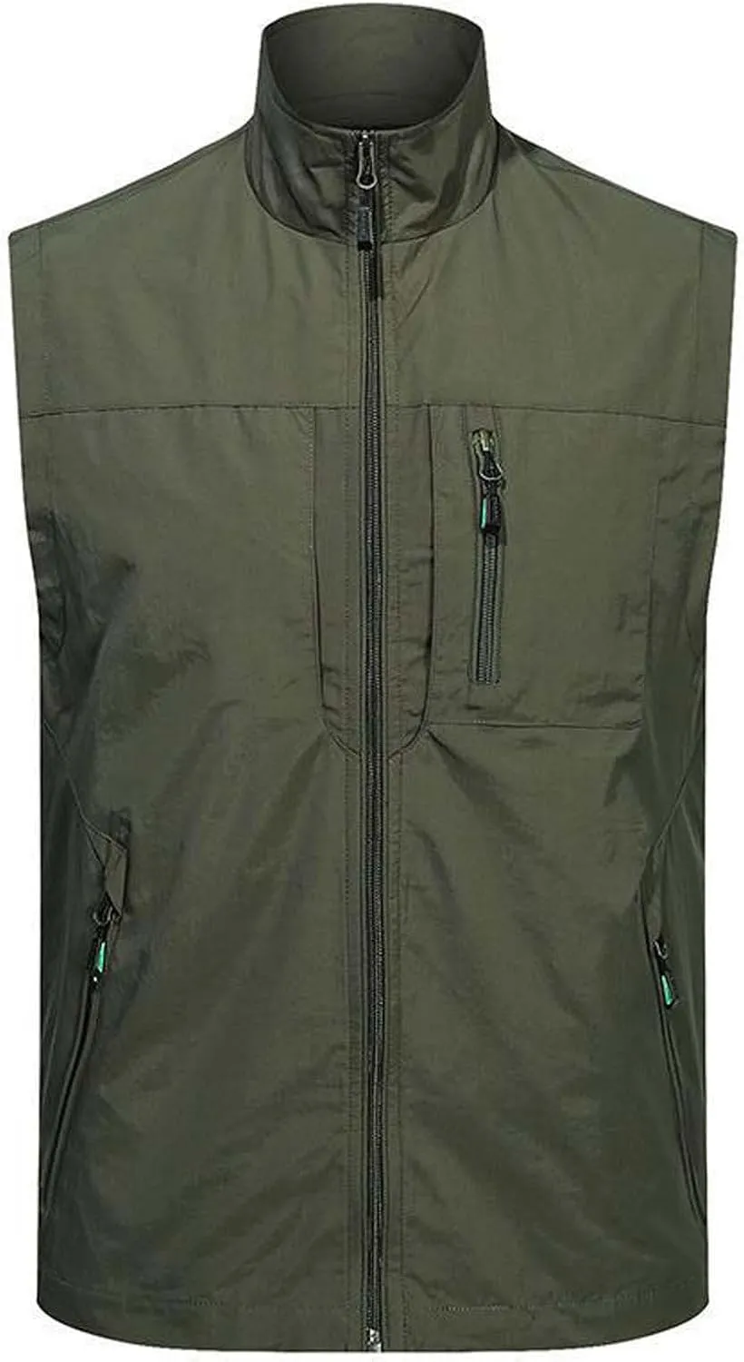 Men's Casual Lightweight Breathable Cycling Travel Zip Vest Solid Stand Collar Outdoor Multiple Pockets Sport Vests