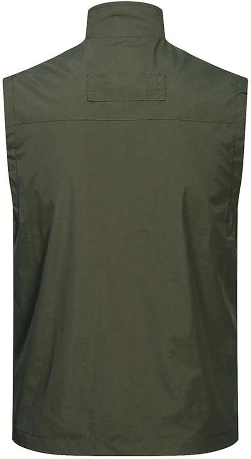 Men's Casual Lightweight Breathable Cycling Travel Zip Vest Solid Stand Collar Outdoor Multiple Pockets Sport Vests