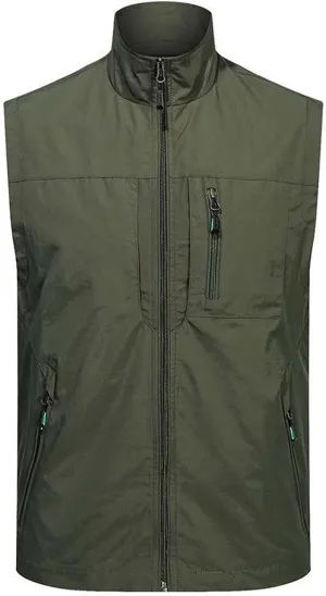 Men's Casual Lightweight Breathable Cycling Travel Zip Vest Solid Stand Collar Outdoor Multiple Pockets Sport Vests