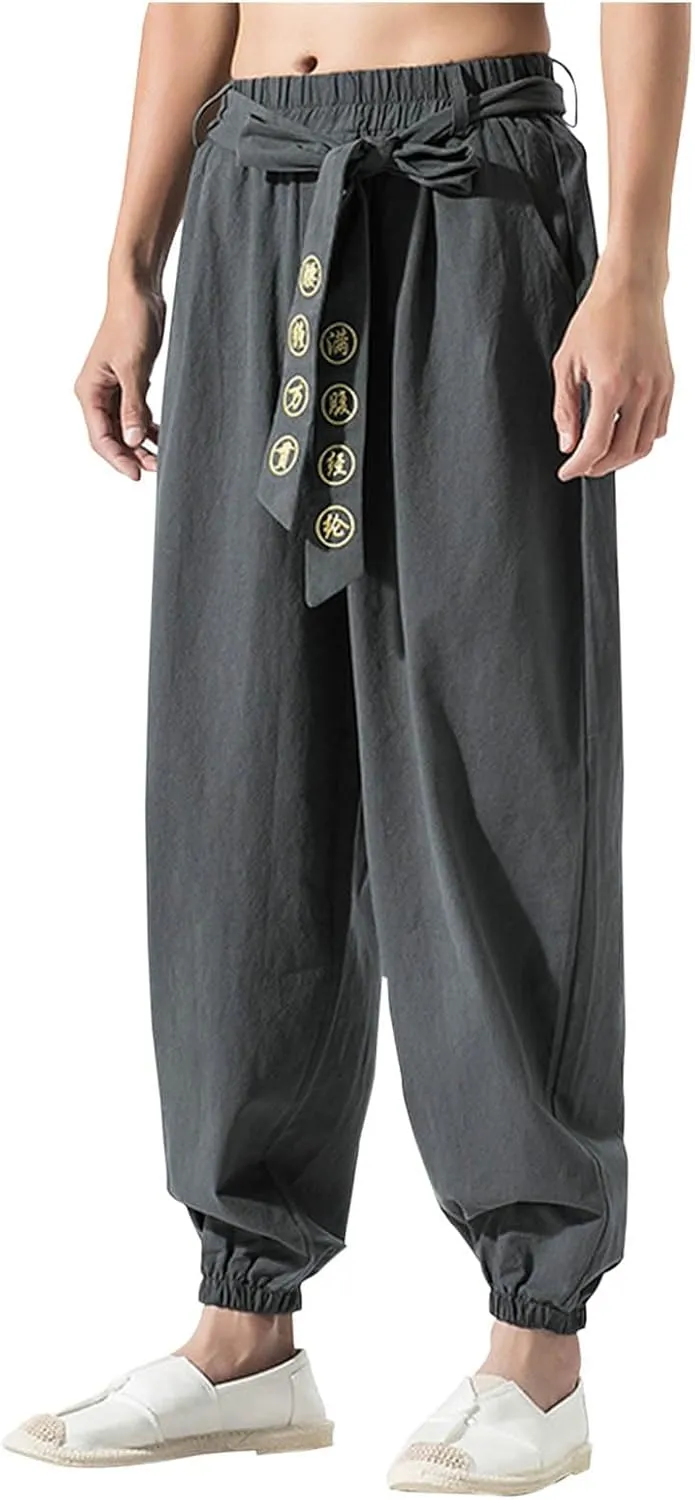 Men's Casual Pants Linen Pants Summer Beach Trousers Drawstring Yoga Pants Loose Fit Elastic Waist Pants
