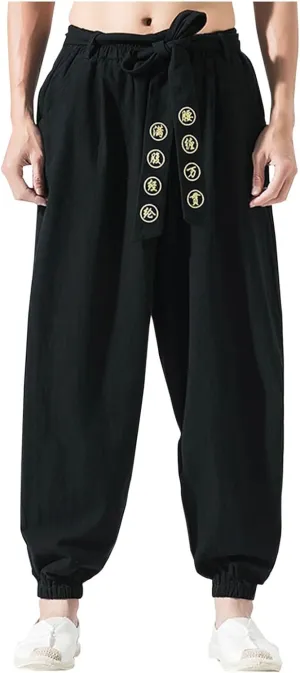 Men's Casual Pants Linen Pants Summer Beach Trousers Drawstring Yoga Pants Loose Fit Elastic Waist Pants