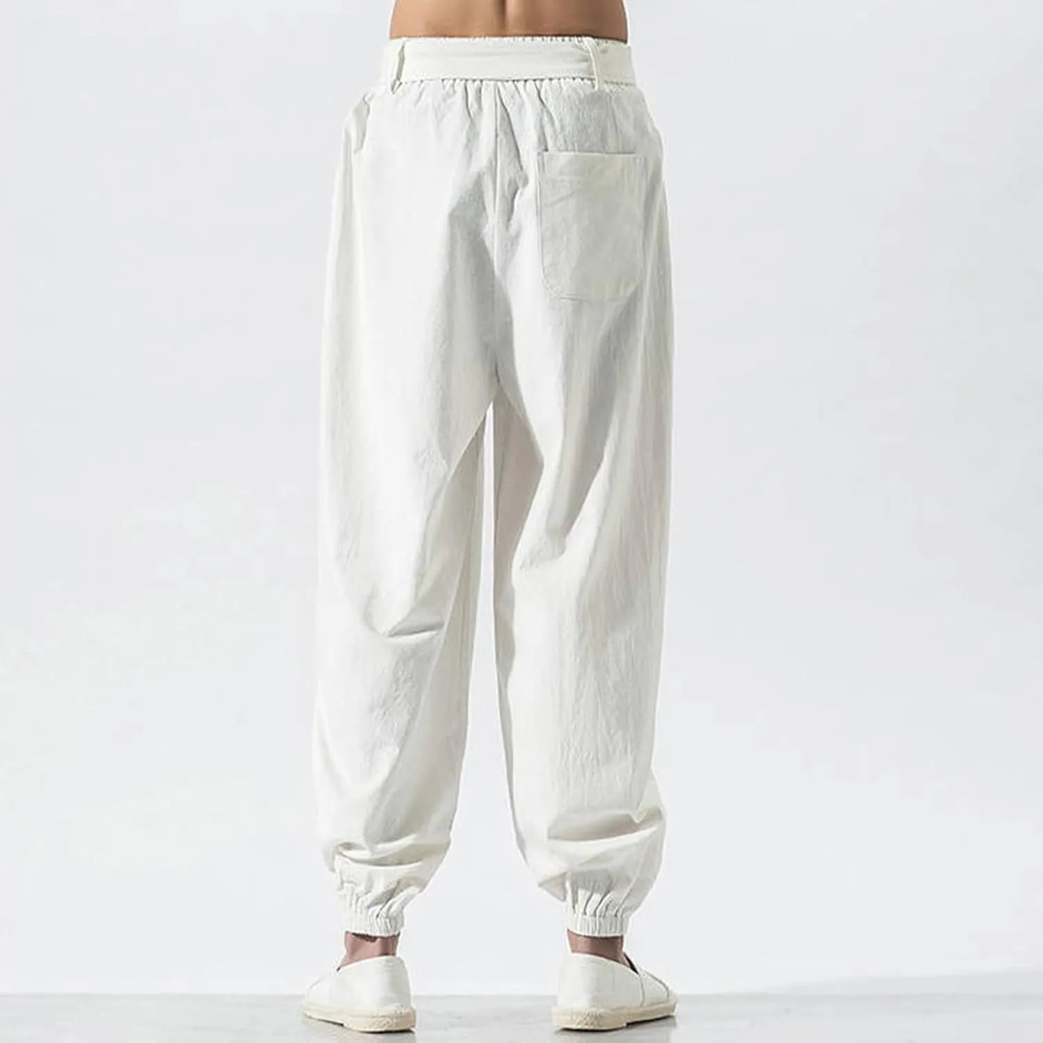 Men's Casual Pants Linen Pants Summer Beach Trousers Drawstring Yoga Pants Loose Fit Elastic Waist Pants