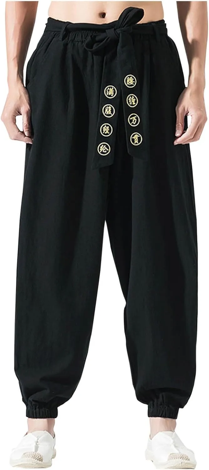 Men's Casual Pants Linen Pants Summer Beach Trousers Drawstring Yoga Pants Loose Fit Elastic Waist Pants