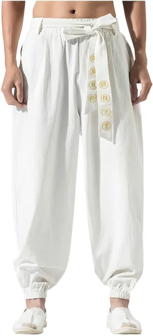 Men's Casual Pants Linen Pants Summer Beach Trousers Drawstring Yoga Pants Loose Fit Elastic Waist Pants