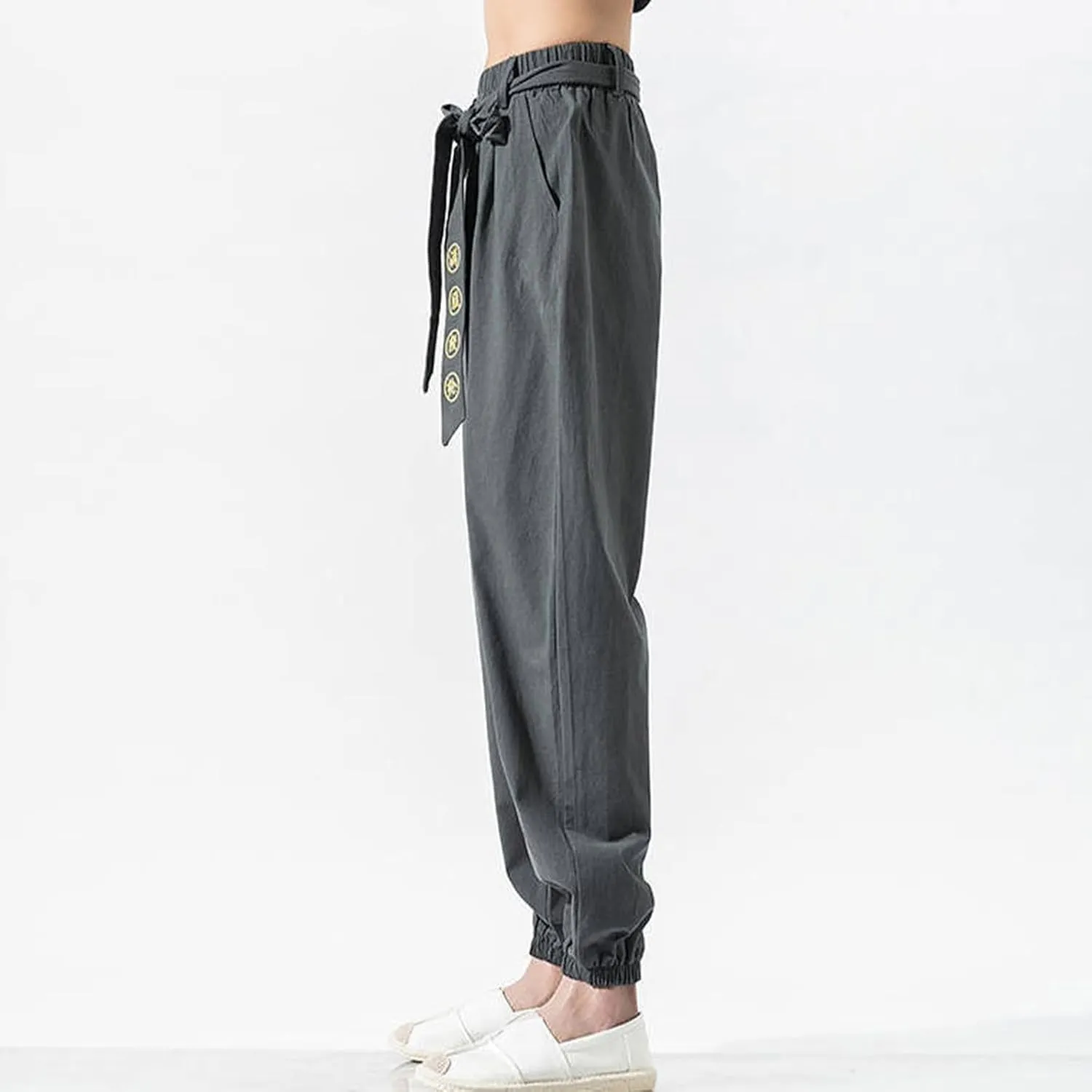Men's Casual Pants Linen Pants Summer Beach Trousers Drawstring Yoga Pants Loose Fit Elastic Waist Pants