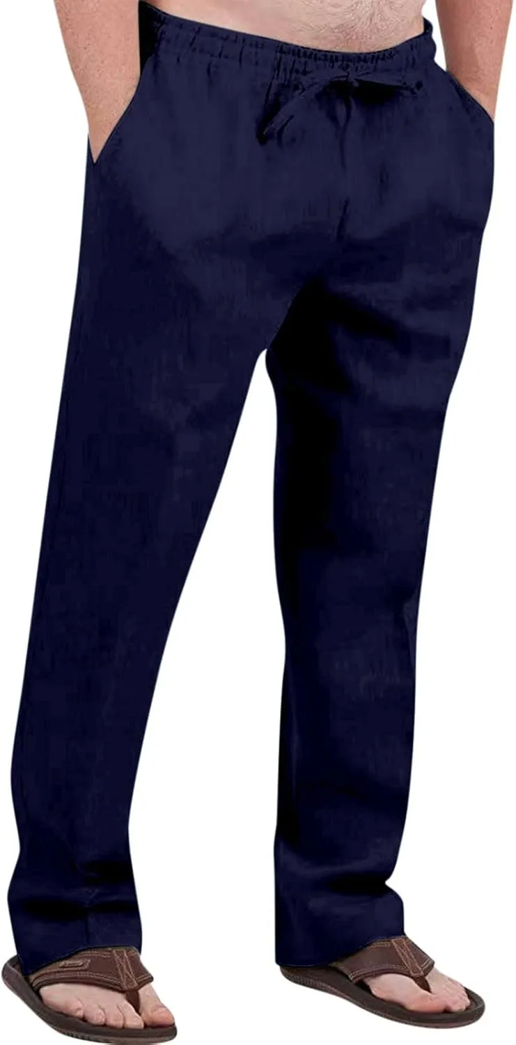 Men's Cotton Linen Pants Elastic Waist Drawstring Pants Lightweight Casual Pants Summer Beach Pants with Pockets