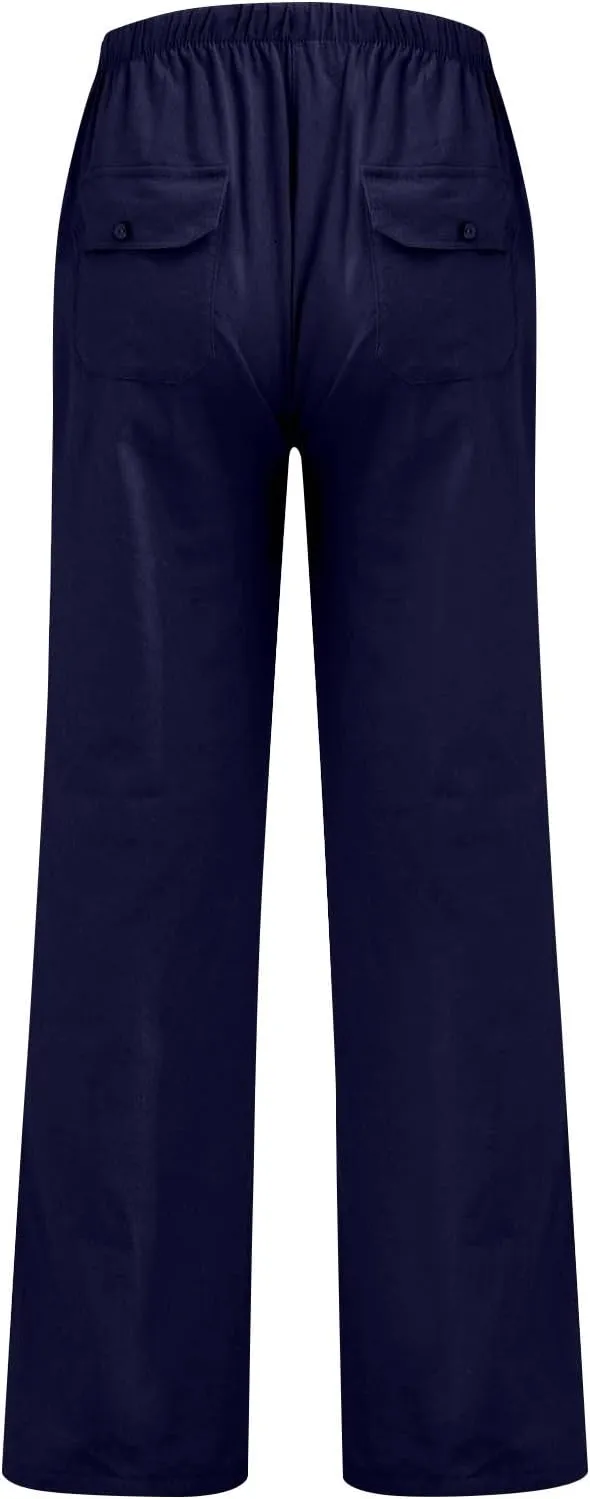 Men's Cotton Linen Pants Elastic Waist Drawstring Pants Lightweight Casual Pants Summer Beach Pants with Pockets