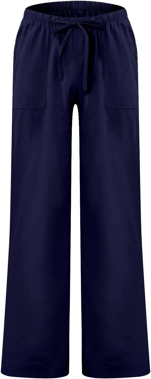 Men's Cotton Linen Pants Elastic Waist Drawstring Pants Lightweight Casual Pants Summer Beach Pants with Pockets