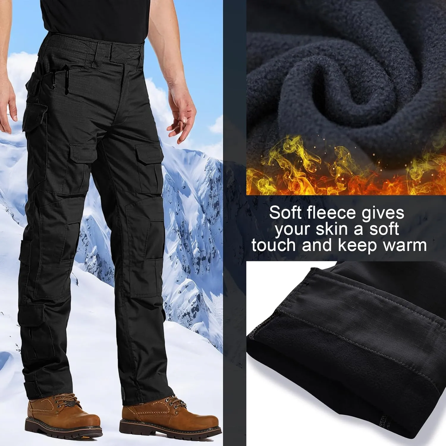 Men's Fleece Lined Tactical Pants Waterproof Hiking Pants Casual Thermal Cargo Pants Winter Insulated Work Pants