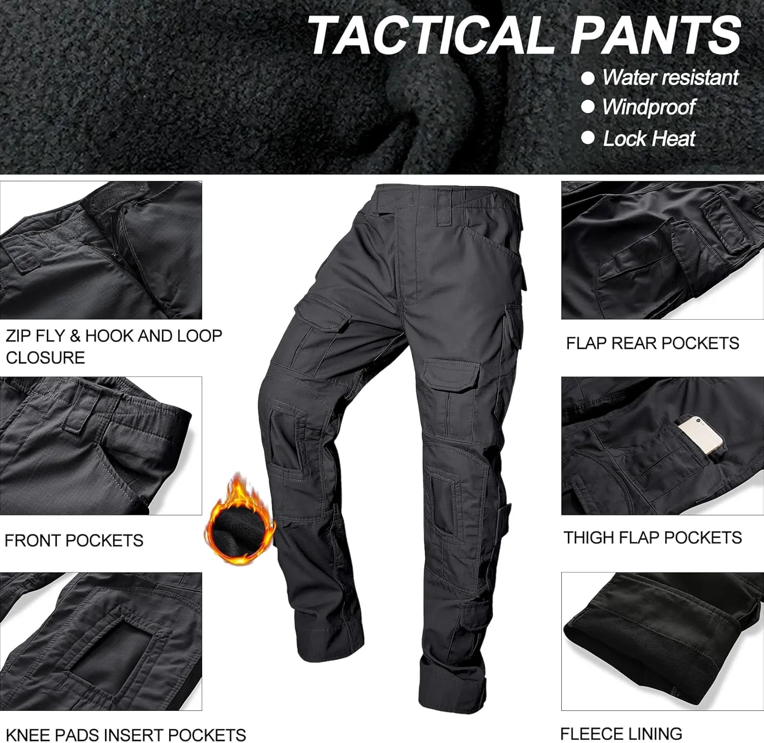 Men's Fleece Lined Tactical Pants Waterproof Hiking Pants Casual Thermal Cargo Pants Winter Insulated Work Pants