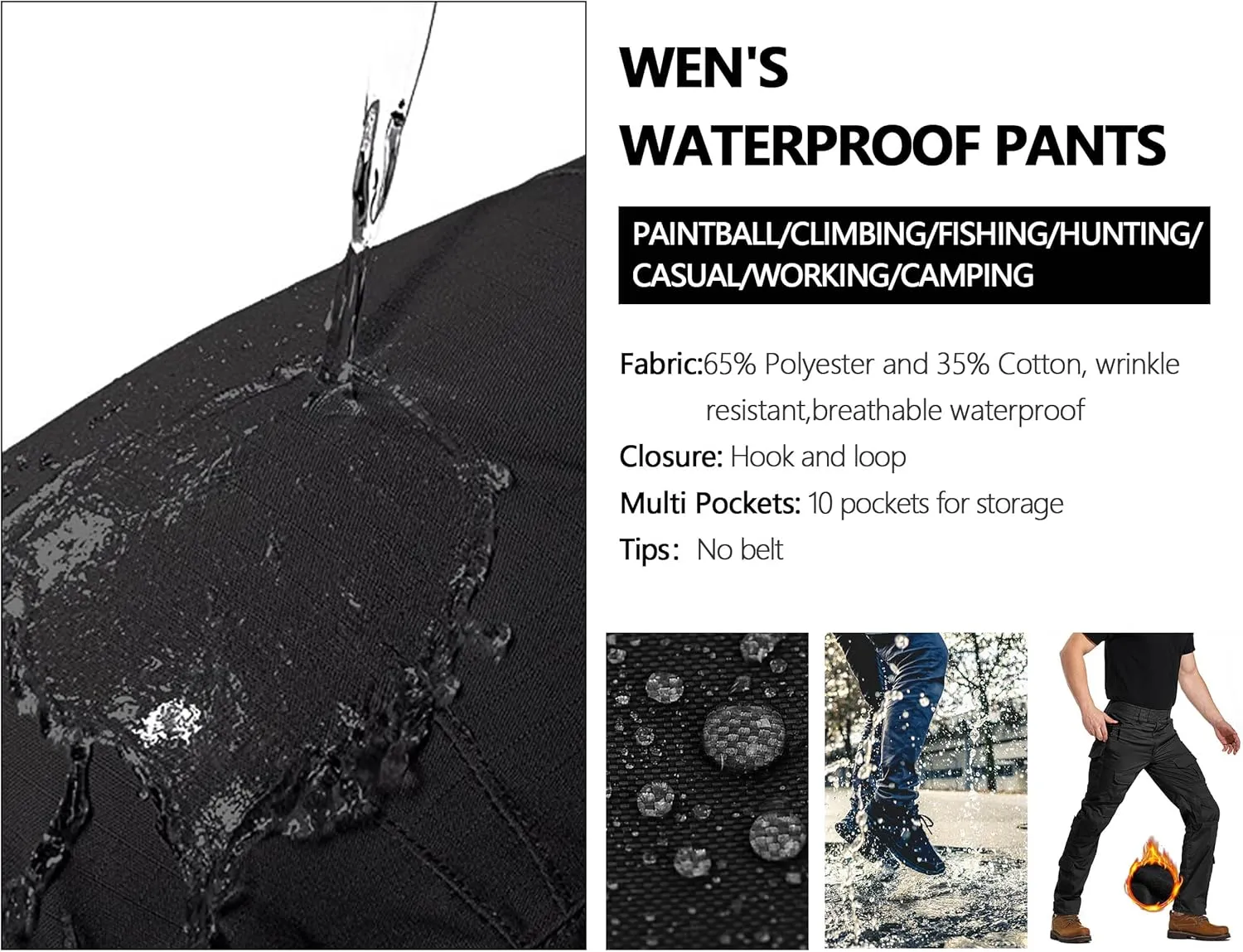 Men's Fleece Lined Tactical Pants Waterproof Hiking Pants Casual Thermal Cargo Pants Winter Insulated Work Pants