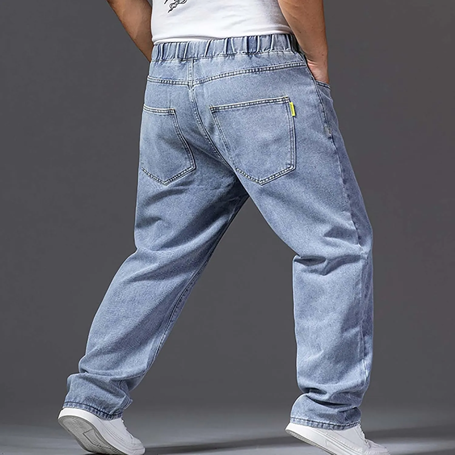 Mens Jeans Plus Size Denim Pants Loose Fit Pants Trousers Comfy Straight Leg Pants Drawstring Jean Pants Sweatpants