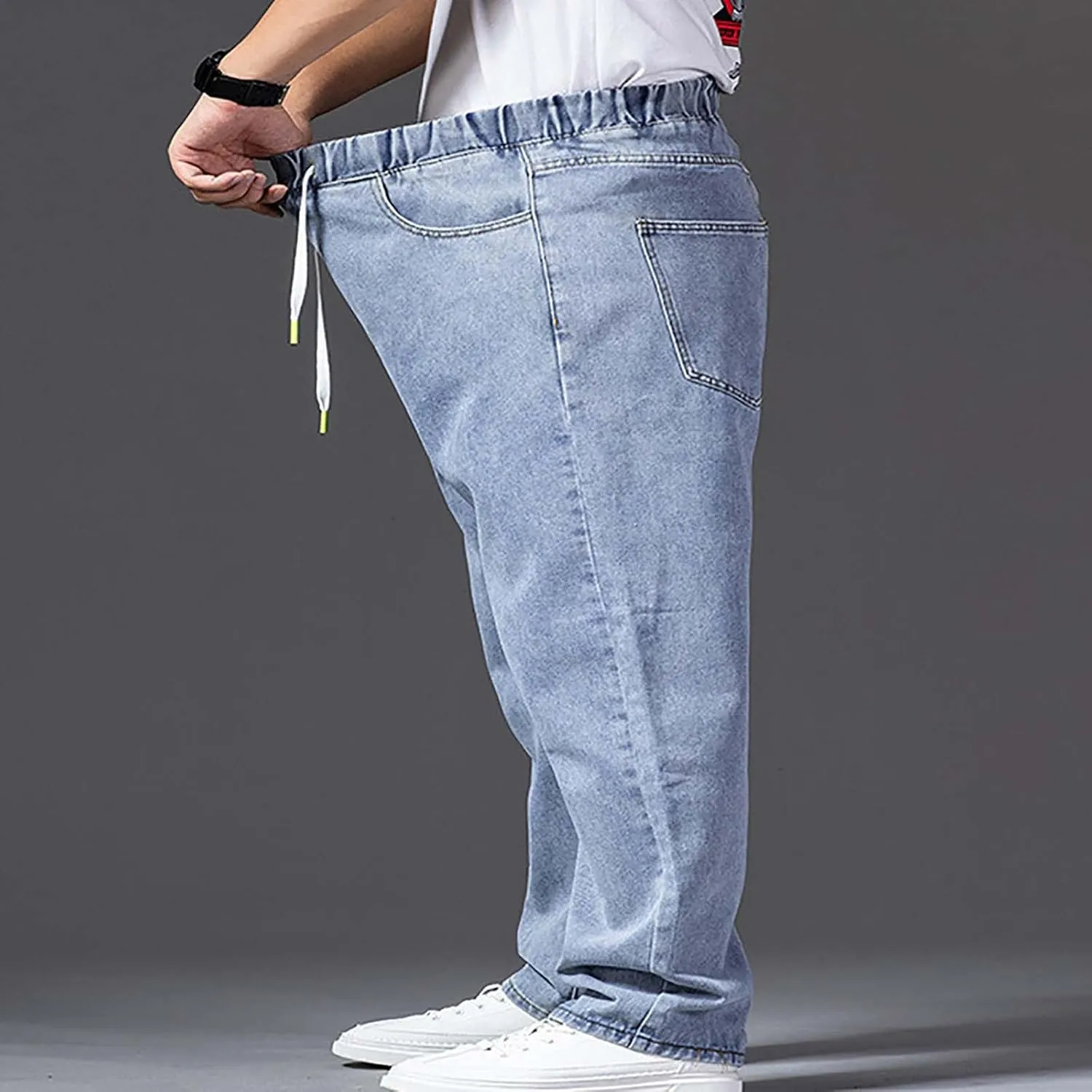 Mens Jeans Plus Size Denim Pants Loose Fit Pants Trousers Comfy Straight Leg Pants Drawstring Jean Pants Sweatpants