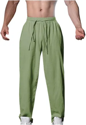 Mens Linen Pants Casual Pants Drawstring Beach Trousers Relaxed-Fit Yoga Pants Summer Elastic Waist Pants