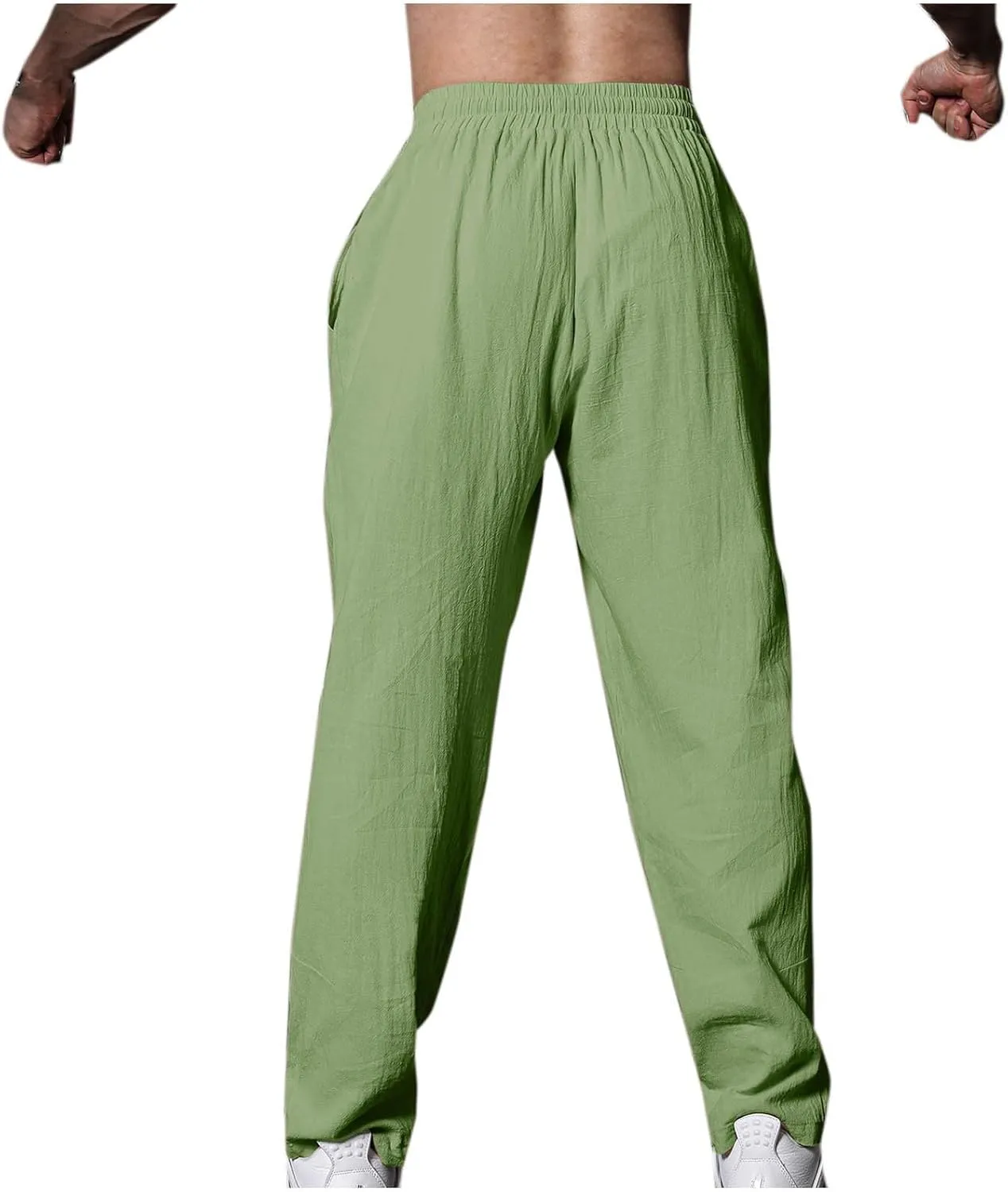 Mens Linen Pants Casual Pants Drawstring Beach Trousers Relaxed-Fit Yoga Pants Summer Elastic Waist Pants