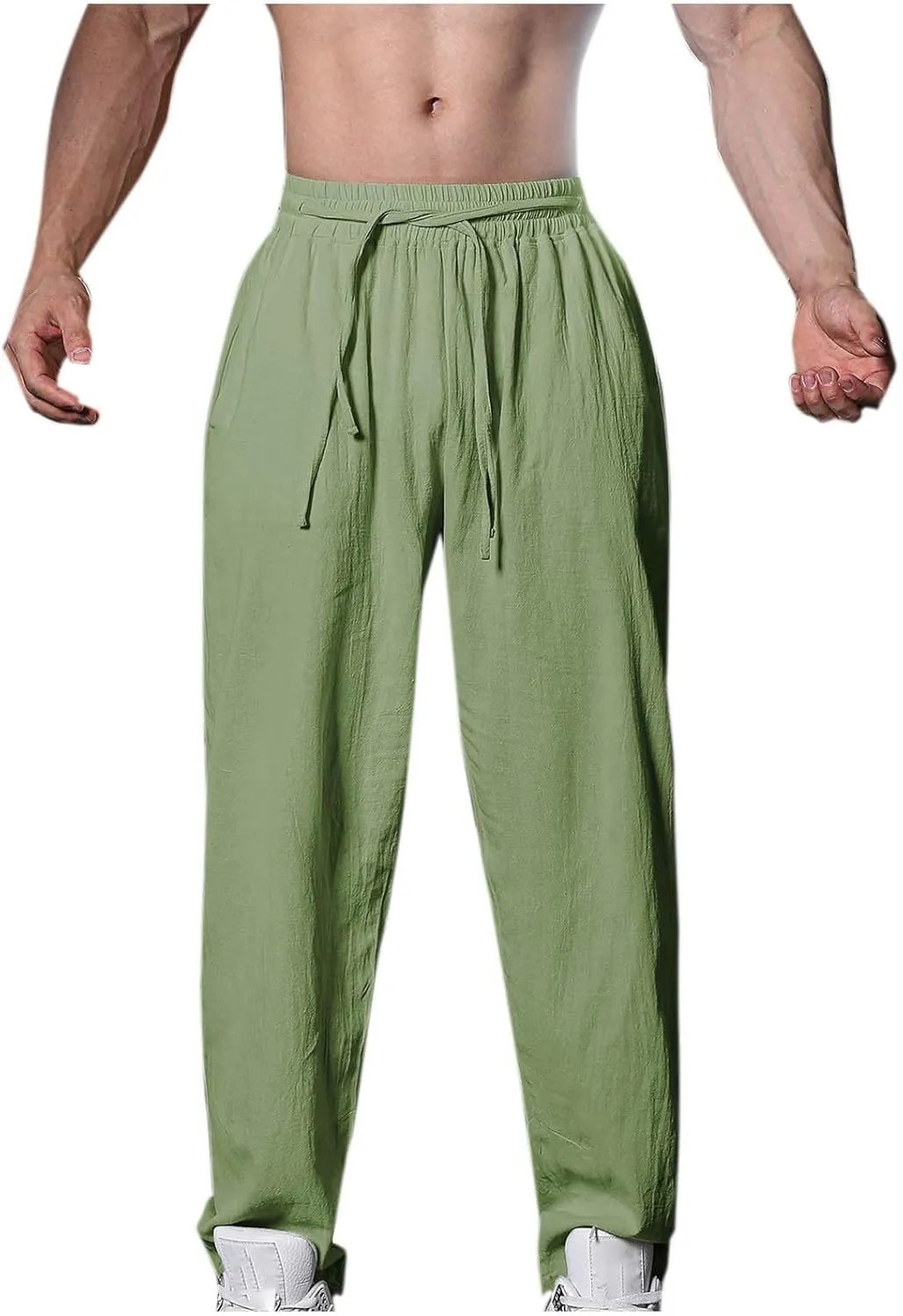 Mens Linen Pants Casual Pants Drawstring Beach Trousers Relaxed-Fit Yoga Pants Summer Elastic Waist Pants