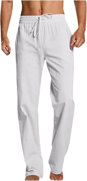 Mens Linen Pants Casual Pants Relaxed-Fit Beach Pants Summer Trousers Drawstring Elastic Waist Pants