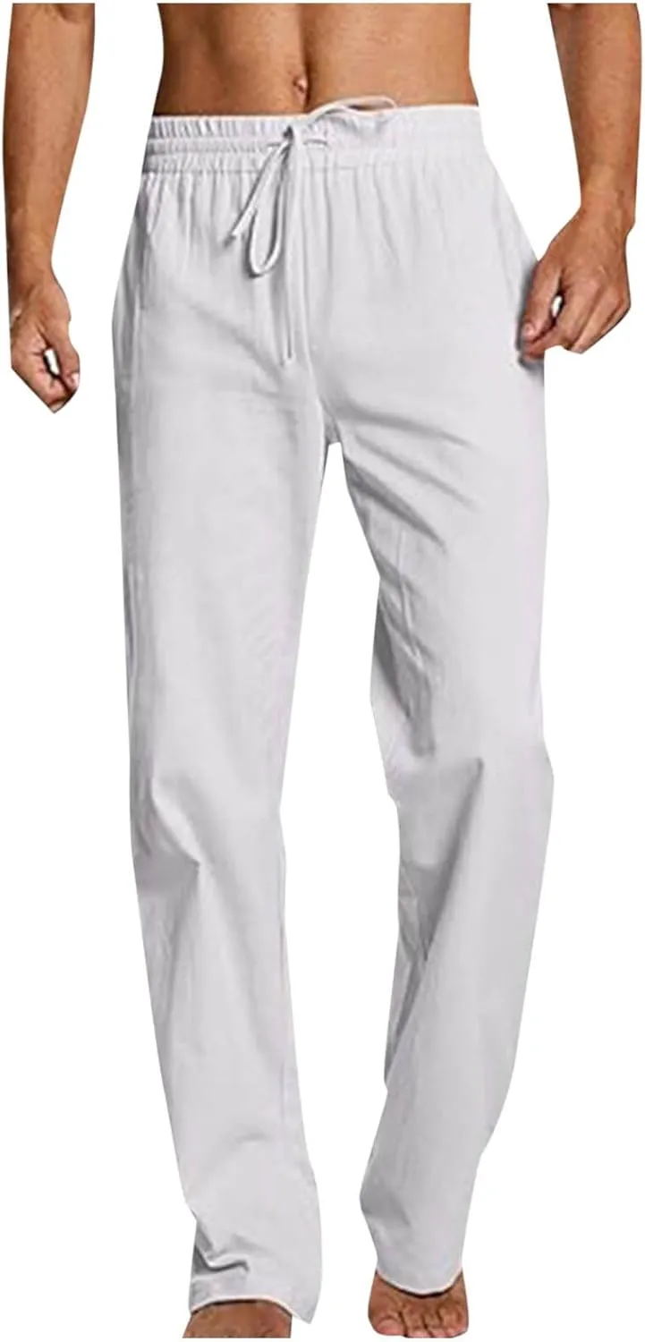 Mens Linen Pants Casual Pants Relaxed-Fit Beach Pants Summer Trousers Drawstring Elastic Waist Pants