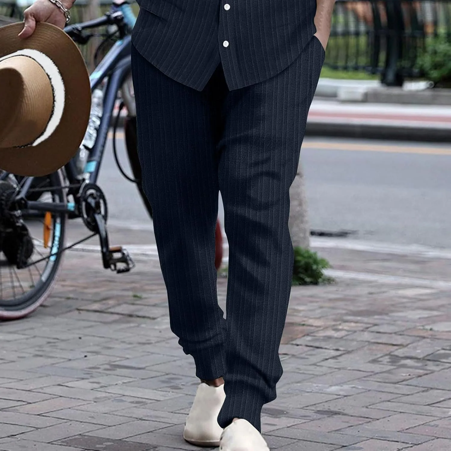 Men's Linen Pants Casual Pants Relaxed-Fit Beach Trousers Summer Yoga Pants Drawstring Elastic Waist Pants