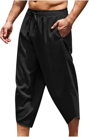 Mens Linen Pants Casual Pants Relaxed-Fit Beach Trousers Summer Yoga Pants Drawstring Elastic Waist Pants