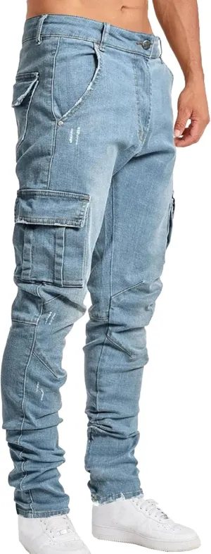Men's Relaxed Fit Cargo Jeans Slim Fit Workwear Denim Pants Regular Ripped Comfort Flex Waist Jean