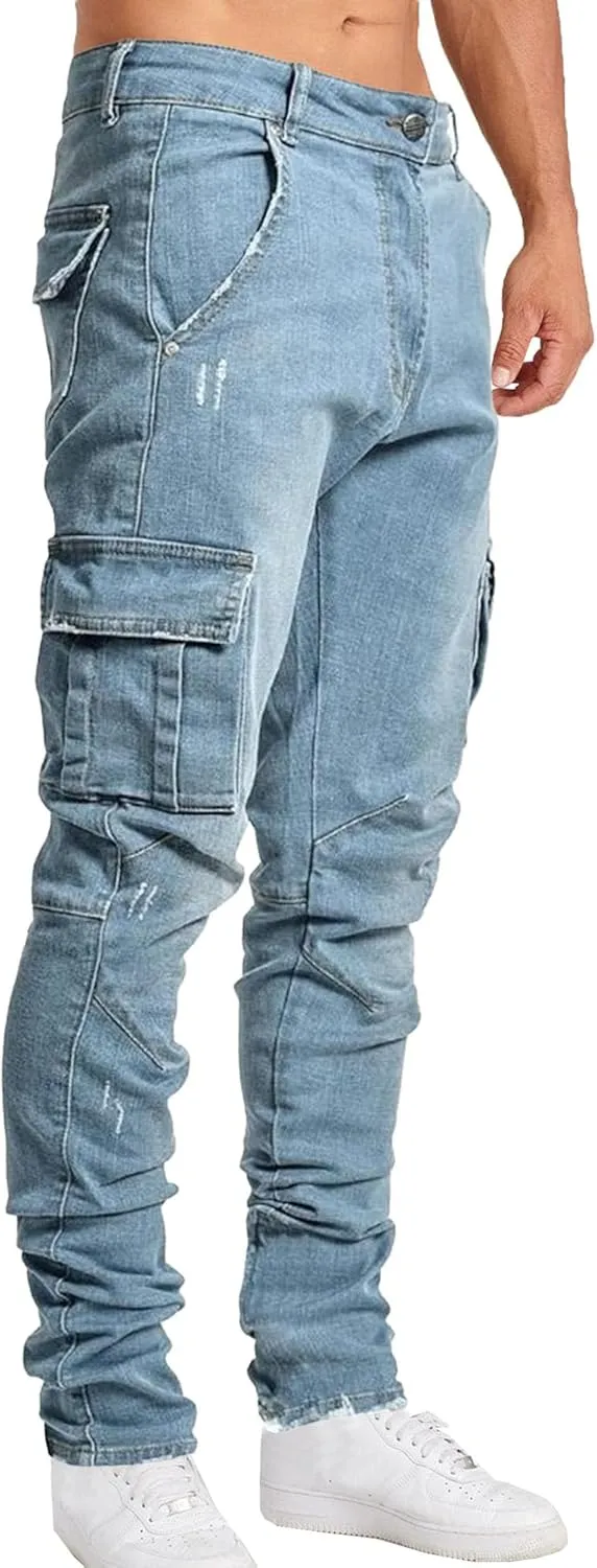 Men's Relaxed Fit Cargo Jeans Slim Fit Workwear Denim Pants Regular Ripped Comfort Flex Waist Jean