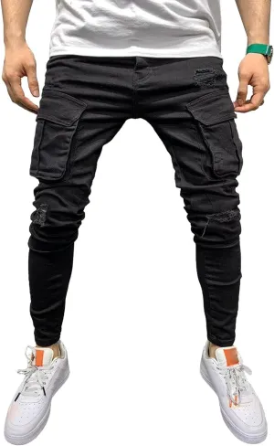 Men's Relaxed Fit Cargo Jeans Slim Fit Workwear Denim Pants Regular Ripped Comfort Flex Waist Jean