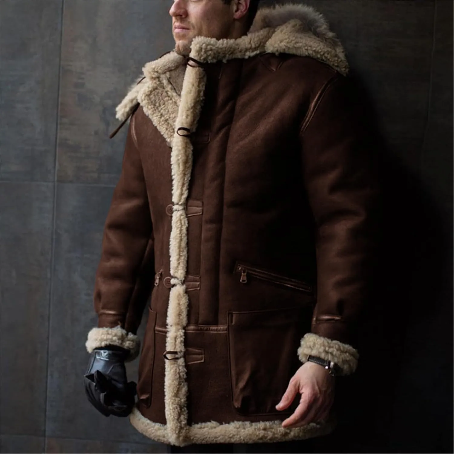 Men's Shearling Leather Coat Vintage Faux Suede Sherpa Lined Sheepskin Jacket Warm Winter Overcoat with Hood and Pocket
