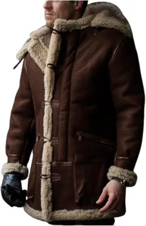 Men's Shearling Leather Coat Vintage Faux Suede Sherpa Lined Sheepskin Jacket Warm Winter Overcoat with Hood and Pocket