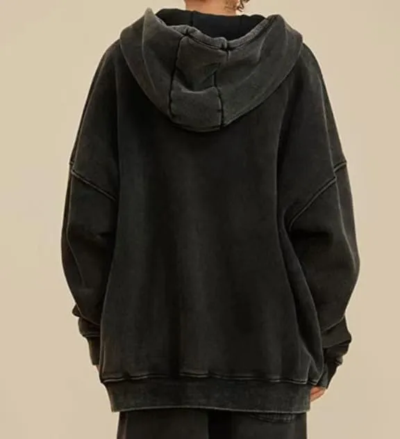 Men's Zip-Up Hoodies Solid Hip-Hop Y2K Oversize Wash Old Craft Basic Hoodies Heavyweight Casual Fit Sweatshirt
