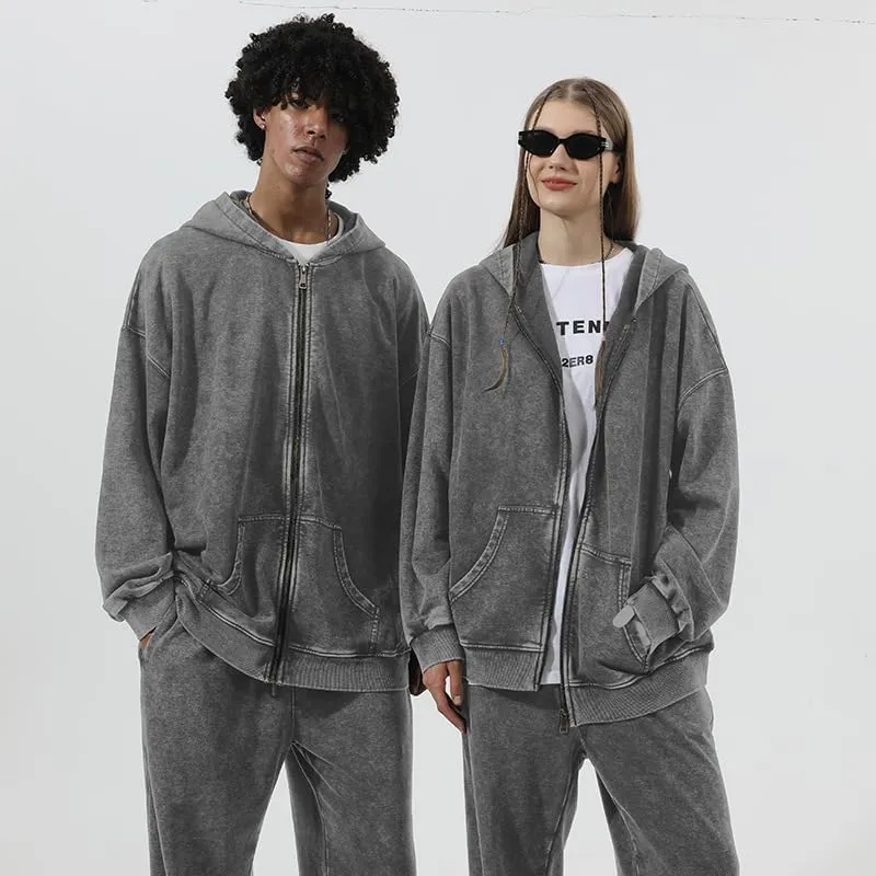 Men's Zip-Up Hoodies Solid Hip-Hop Y2K Oversize Wash Old Craft Basic Hoodies Heavyweight Casual Fit Sweatshirt