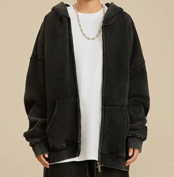 Men's Zip-Up Hoodies Solid Hip-Hop Y2K Oversize Wash Old Craft Basic Hoodies Heavyweight Casual Fit Sweatshirt